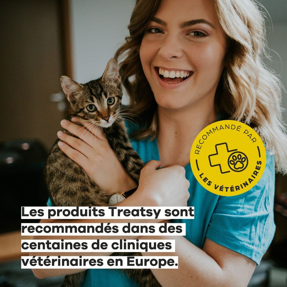 Frau mit Katze. Text: "Treatsy-Produkte werden in Hunderten von Tierkliniken in Europa empfohlen."