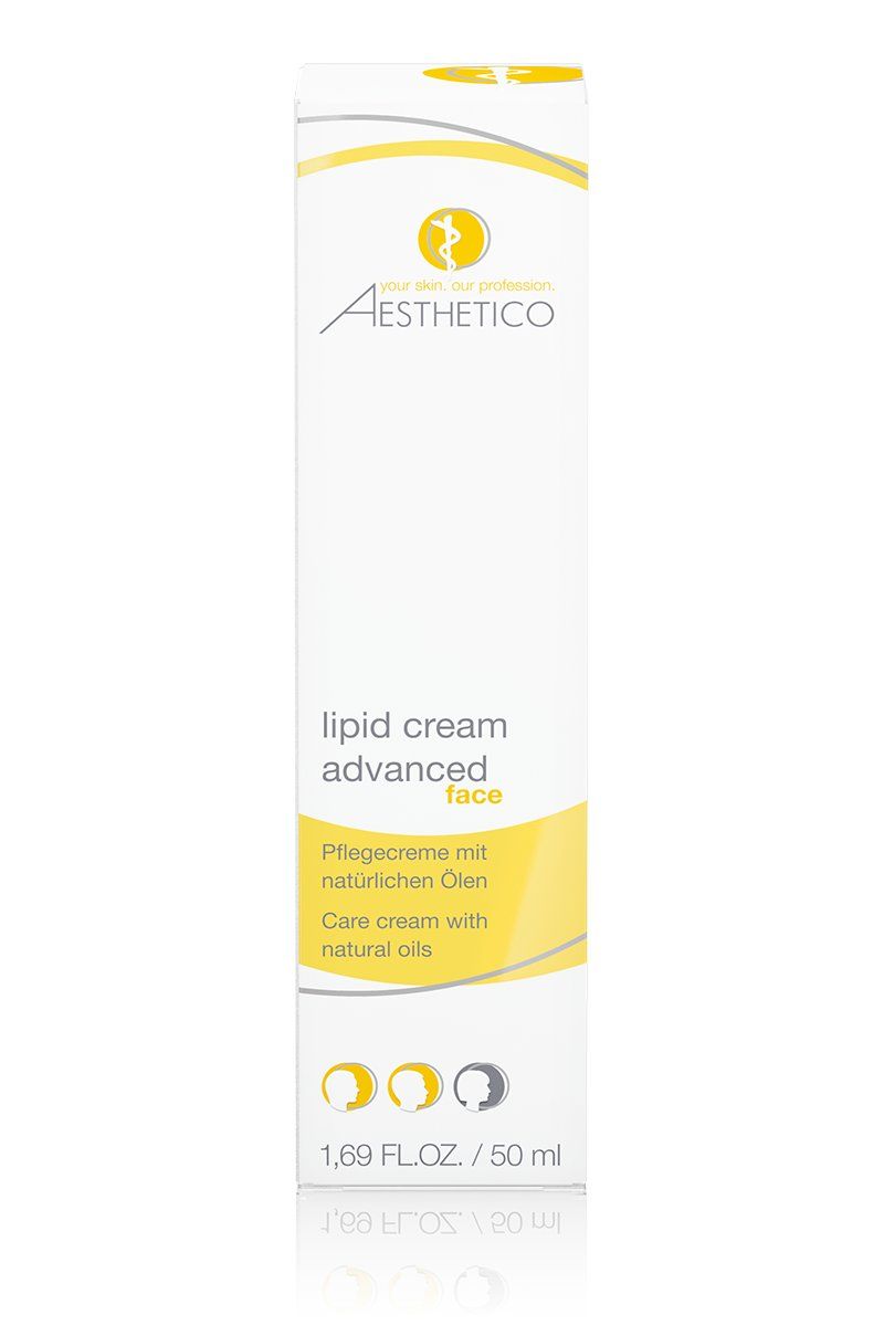 Emballage Aesthetico Lipid Cream Advanced. Blanc, jaune. Texte: Lipid Cream Advanced face, crème de soin aux huiles naturelles.