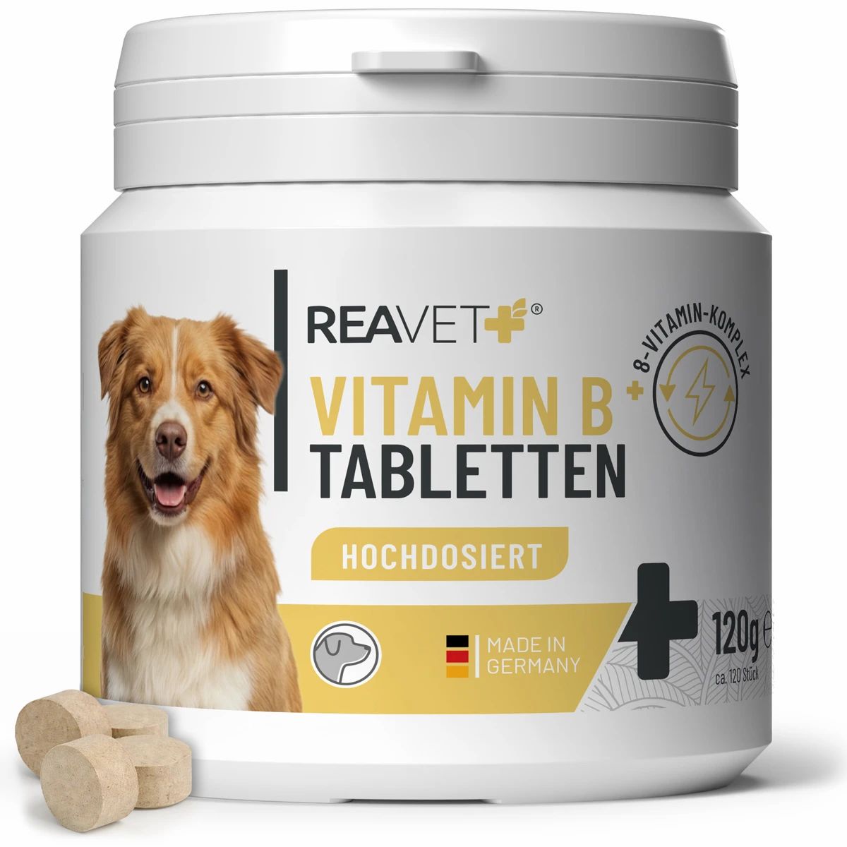 Weißes Produktglas mit Text: ReaVET Vitamin B Tabletten, hochdosiert, 120g. 8-Vitamin-Komplex. Hund und Tabletten.