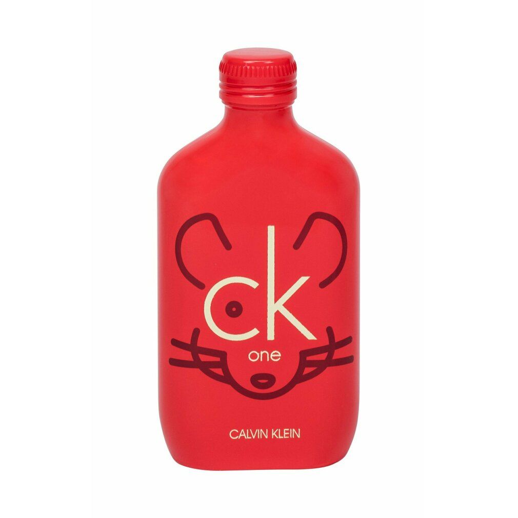 Rote Flasche mit CK One-Logo und Gesicht. Calvin Klein-Schriftzug unten.