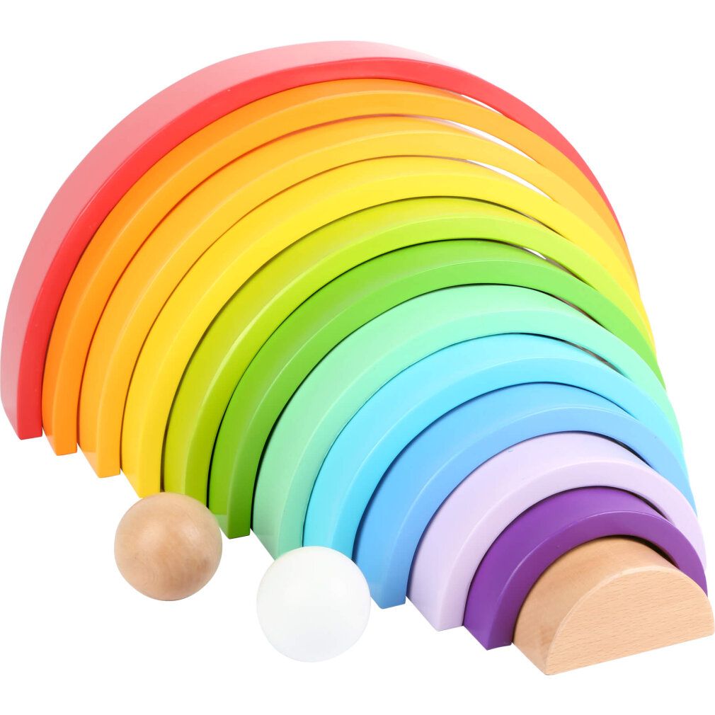 Regenbogen-Holzbausteine in Regenbogenfarben mit zwei Kugeln. Holzbausteine in verschiedenen Größen und Farben.