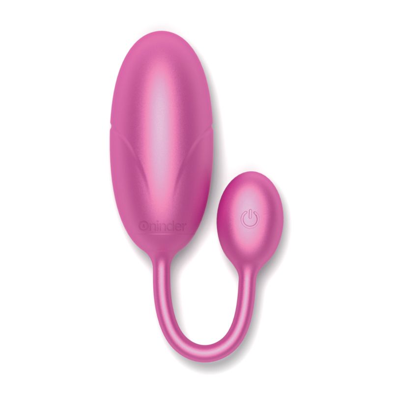 Rosa Ei-förmiges Produkt mit flexiblem Stiel. Mit 'Oninder' beschriftet. Mit Ein-/Ausschalter.