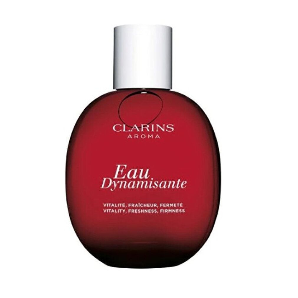 Runde, rote Flasche mit weißem Verschluss. Aufschrift: Eau Dynamisante, Clarins Aroma.