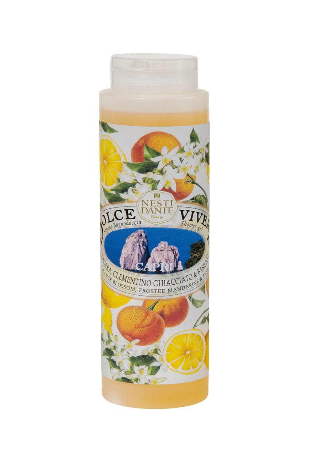Duschgel-Flasche mit Etikett. Aufschrift: Nesti Dante, Capri. Abbildung von Zitrusfrüchten und Blüten. Transparente Flüssigkeit.
