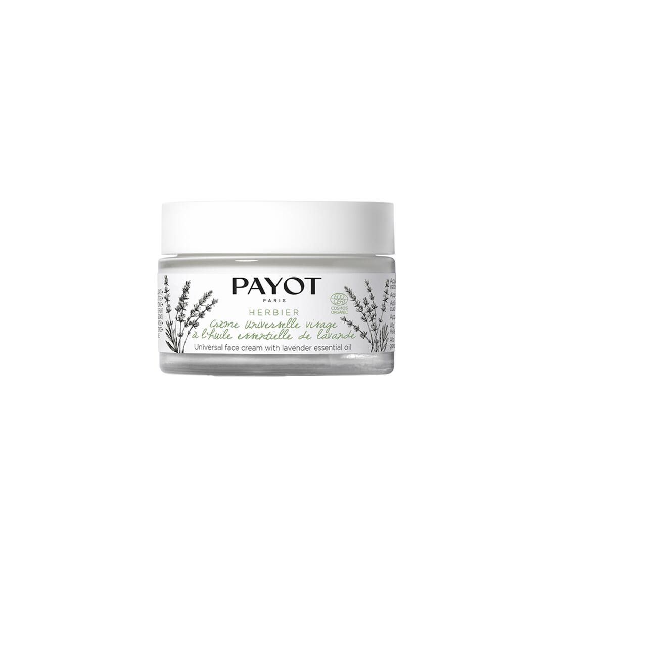 Creme-Glas mit Deckel. Aufschrift: PAYOT, Herbier, Crème universelle visage à l'huile essentielle de lavande. Mit Lavendel-Illustrationen.