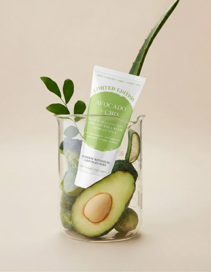 Tube mit Avocado + CBD Augencreme in einem Becherglas mit Avocado und Aloe Vera.