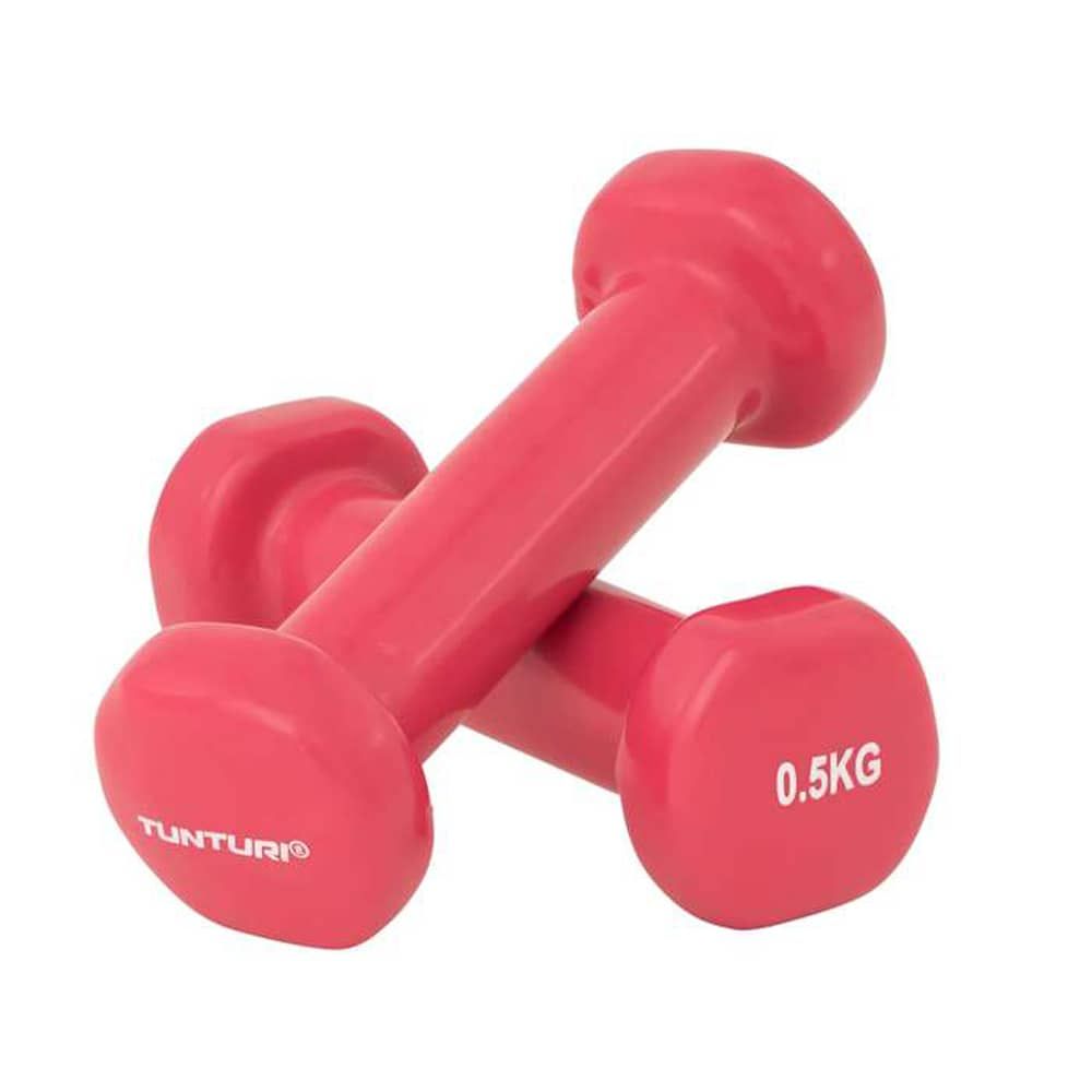Zwei pinkfarbene Kurzhanteln. Auf einer Seite steht "Tunturi", auf der anderen "0.5KG".