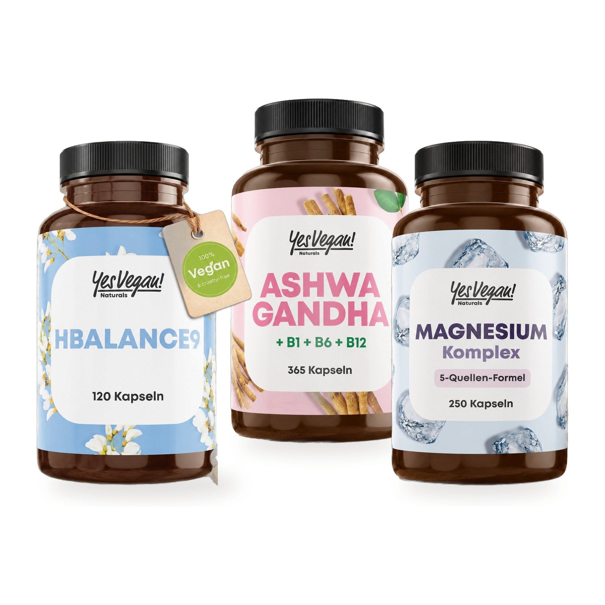Drei Yes Vegan! Produkte: Hbalance9 (120 Kapseln), Ashwagandha + B1+B6+B12 (365 Kapseln) und Magnesium Komplex (250 Kapseln).