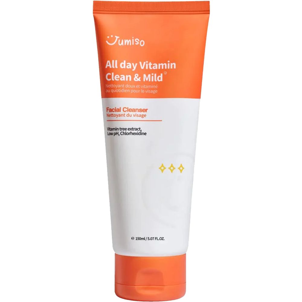 Orange-weiße Tube mit Aufschrift "JUMISO All Day Vitamin Clean & Mild". Enthält "Facial Cleanser".