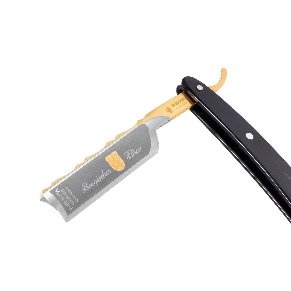 Rasiermesser mit schwarzem Griff, goldfarbener Klinge mit Gravur „Bergischer Löwe“. Marke DOVO.