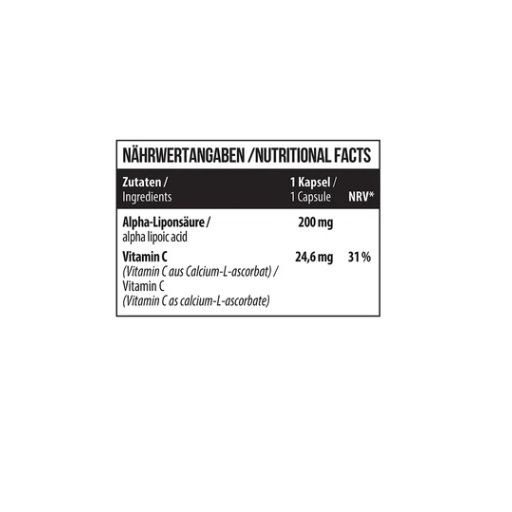 Nährwertangaben. Zutaten: Alpha-Liponsäure, Vitamin C. Pro Kapsel: 200 mg Alpha-Liponsäure, 24,6 mg Vitamin C, 31% NRV.