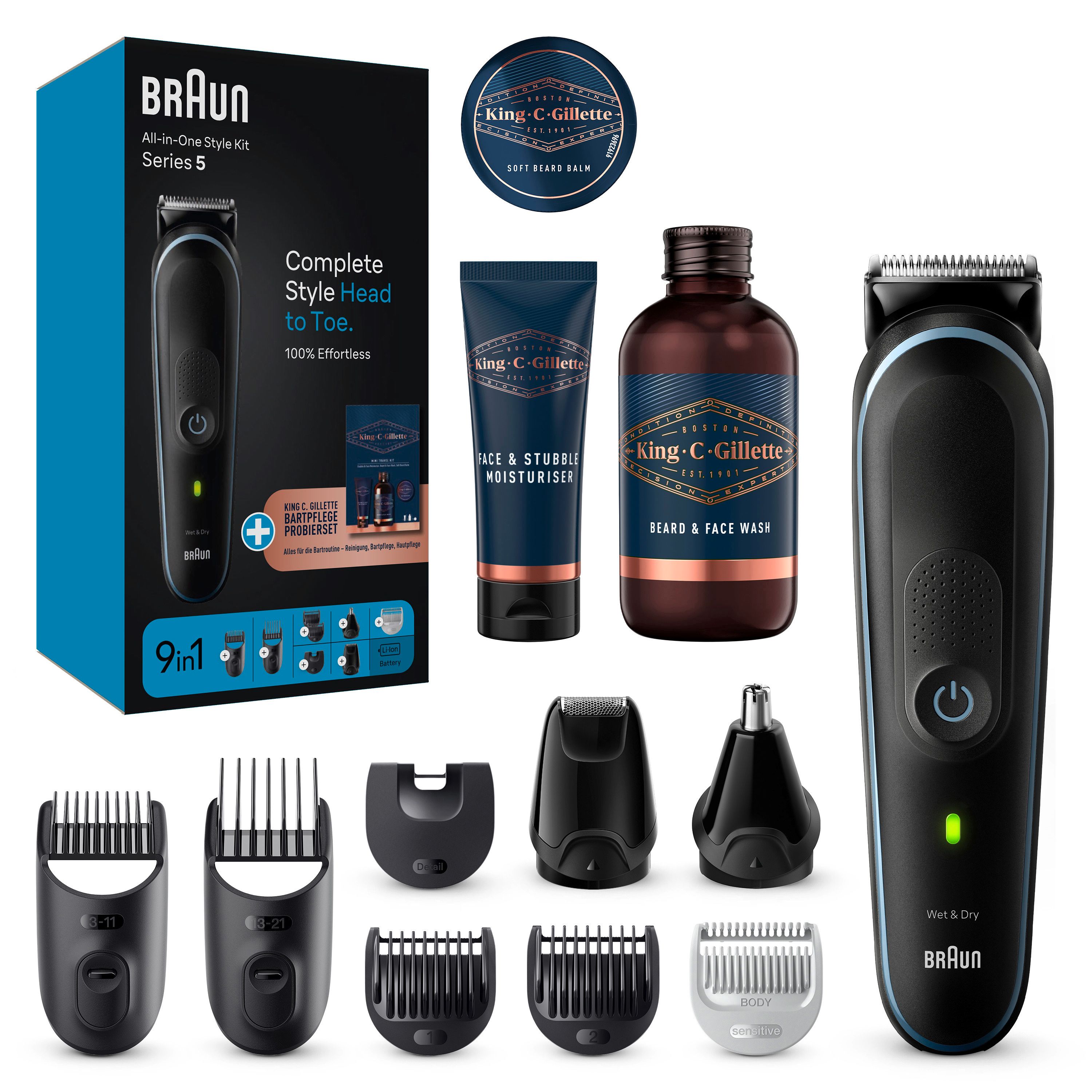Schwarzes Braun All-in-One Style Kit MGK5411. Enthält Trimmer, Aufsätze, Pflegeprodukte und Verpackung. Mit King C. Gillette Produkten.