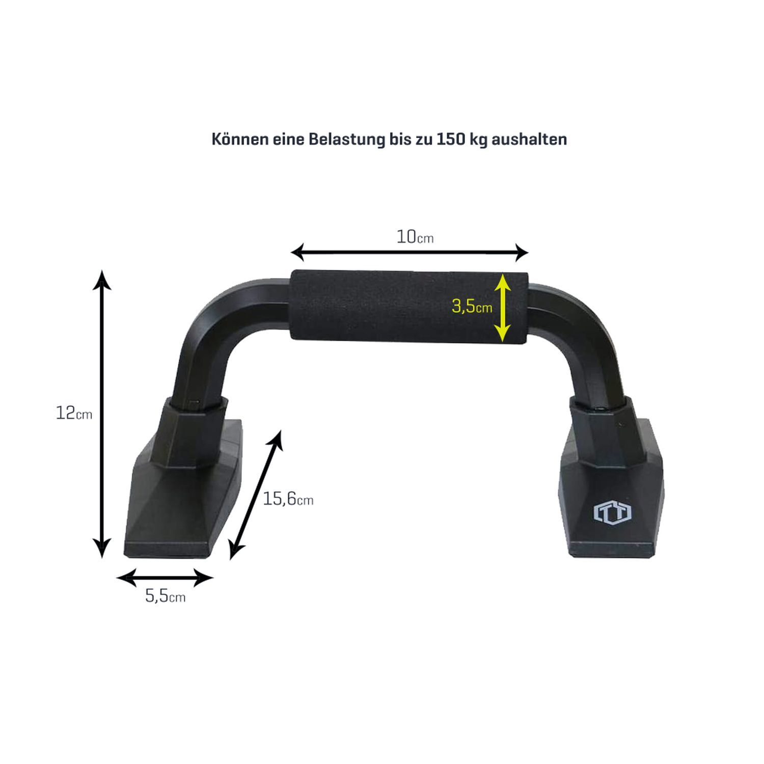 Eine schwarze Push-up-Bar mit Maßangaben. Die Bar hat einen gepolsterten Griff und eine rechteckige Basis. Abmessungen sind angegeben.
