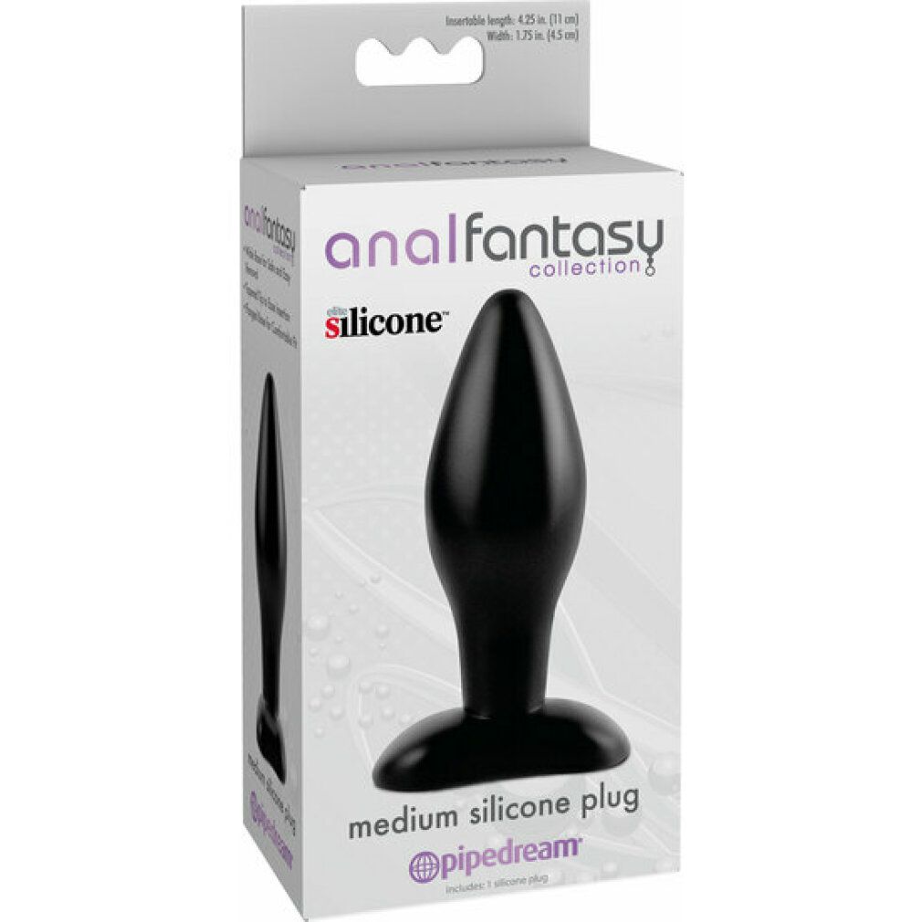 Schwarzer Anal Plug aus Silikon in Verpackung. Aufdruck: Anal Fantasy Collection, medium silicone plug, Pipedream.