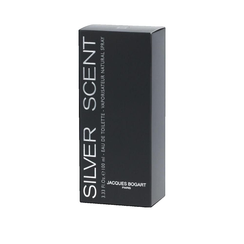 Schwarze Verpackung. Aufschrift: SILVER SCENT, Jacques Bogart. Text: Eau de Toilette, Natural Spray.