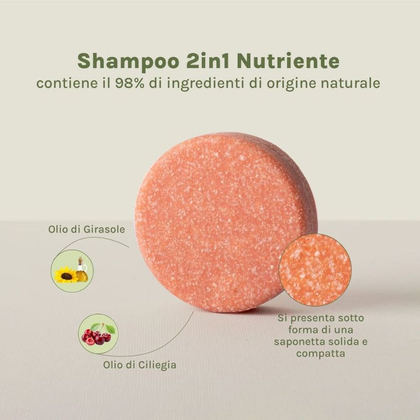 Rundes, festes Shampoo. Mit Illustrationen von Sonnenblumen- und Kirschöl. Text: Shampoo 2in1 Nutriente.