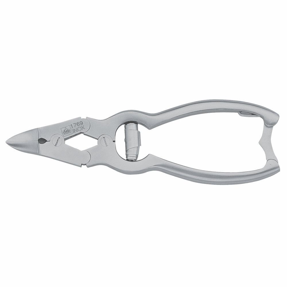 Doppelgelenkzange aus mattiertem Edelstahl mit spitzer Schneide und ergonomischem Griff.