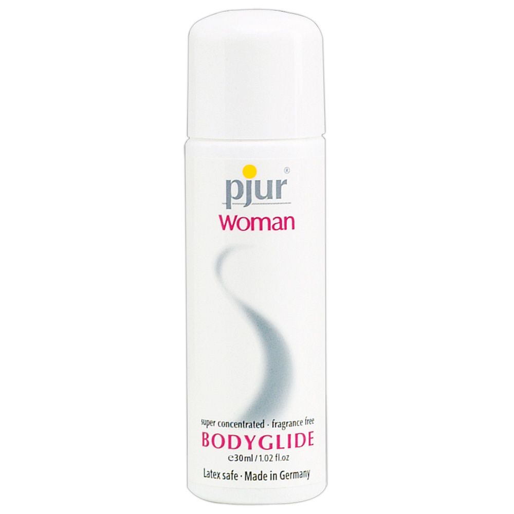 Weiße Flasche mit gelbem und pinkfarbenem Logo. Schriftzug: pjur woman BODYGLIDE. Text: super concentrated - fragrance free.