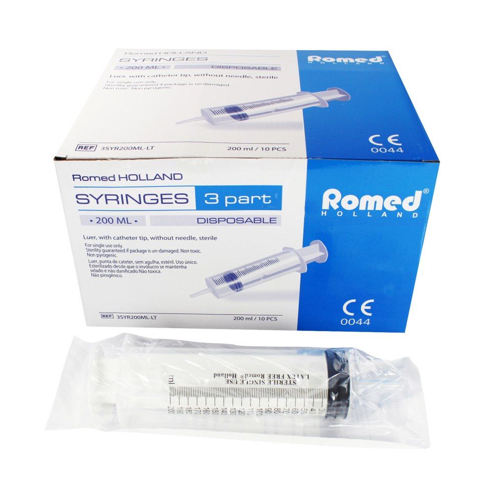 Verpackung mit Spritze, 3-teilig, mit Luer-Ansatz. Romed-Logo, CE-Kennzeichnung. Einzeln verpackt.