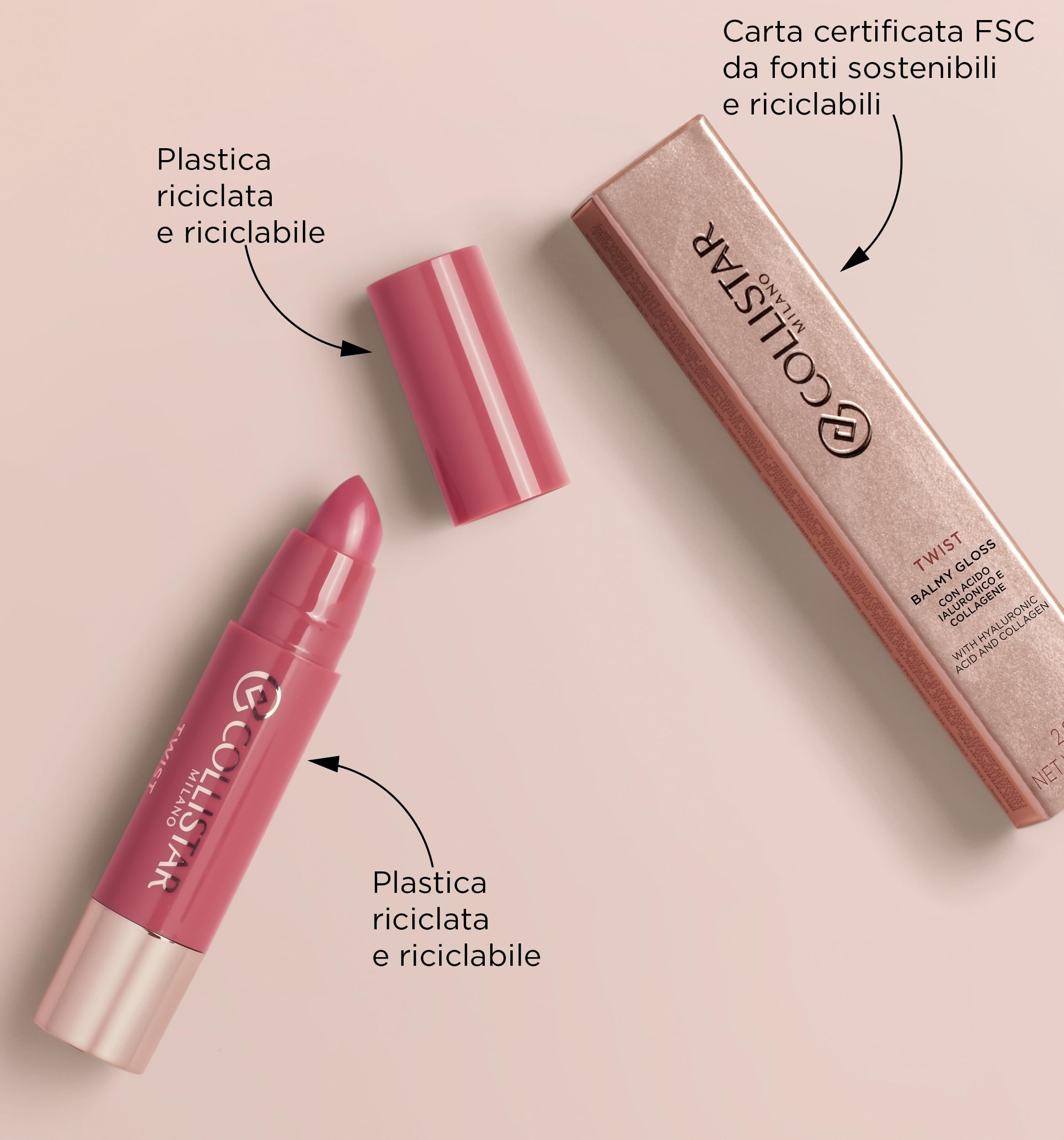 Geöffneter Lippenstift und Verpackung. Rosafarbener Lippenstift, goldfarbener Boden. Verpackung mit Aufschrift: Collistar, Twist Balmy Gloss.