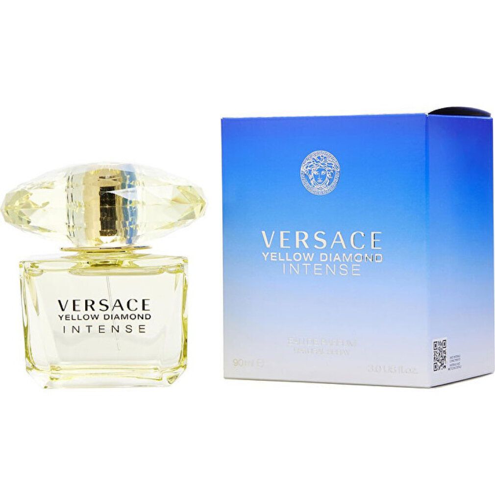 Versace Yellow Diamond Intense Flakon und Schachtel. Blaue Schachtel mit goldenen Verzierungen. Gelber Flakon.