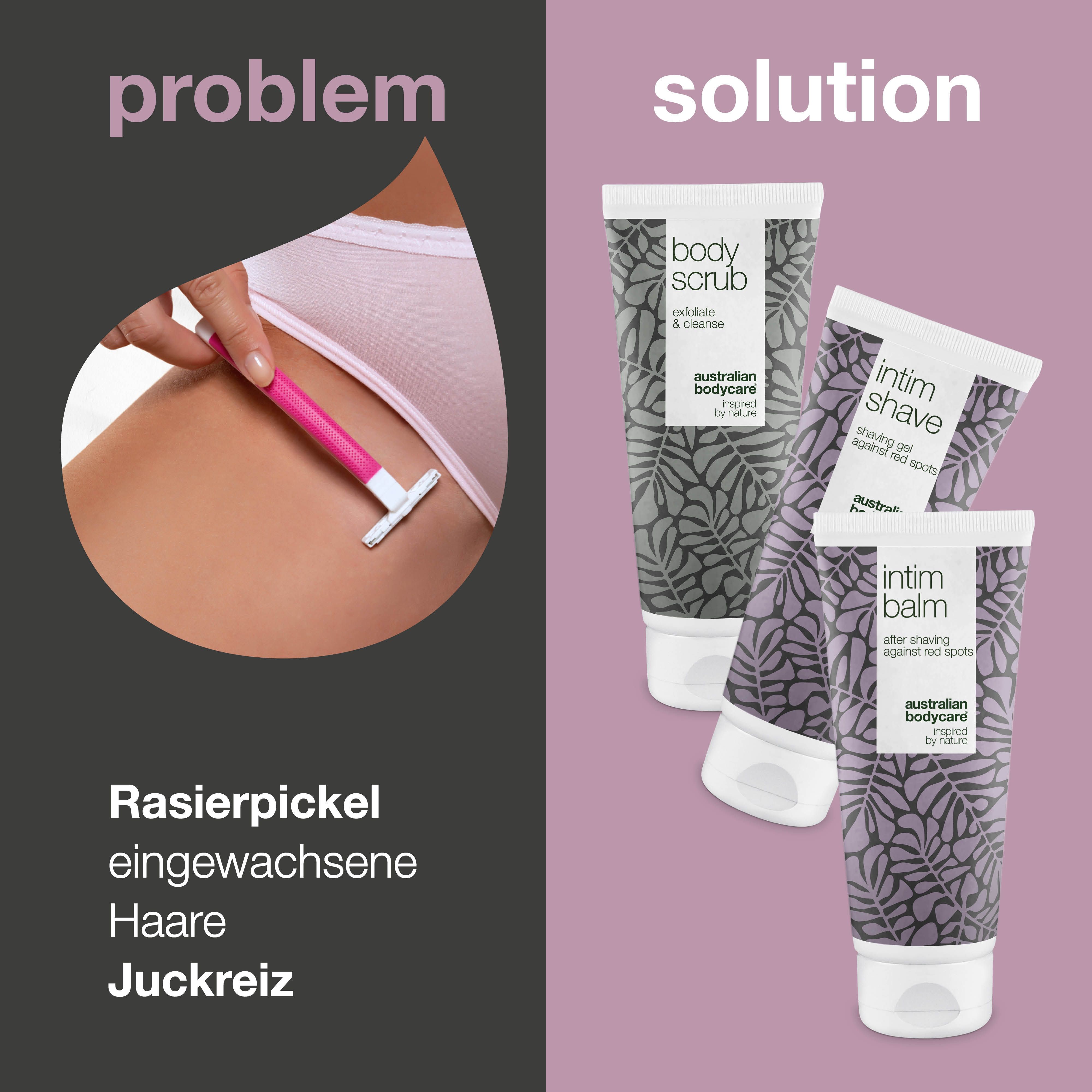 Vergleich: Problem und Lösung. Links: Bein mit Rasierer. Rechts: Produkte Intimrasur. Text: Rasierpickel, eingewachsene Haare, Juckreiz.