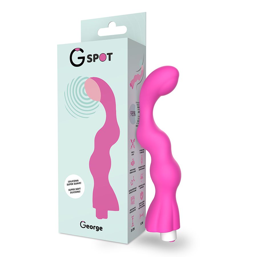 Produktverpackung mit pinkfarbenem Vibrator. Auf der Verpackung steht "G-SPOT" und "George". Der Vibrator hat eine wellenförmige Form.