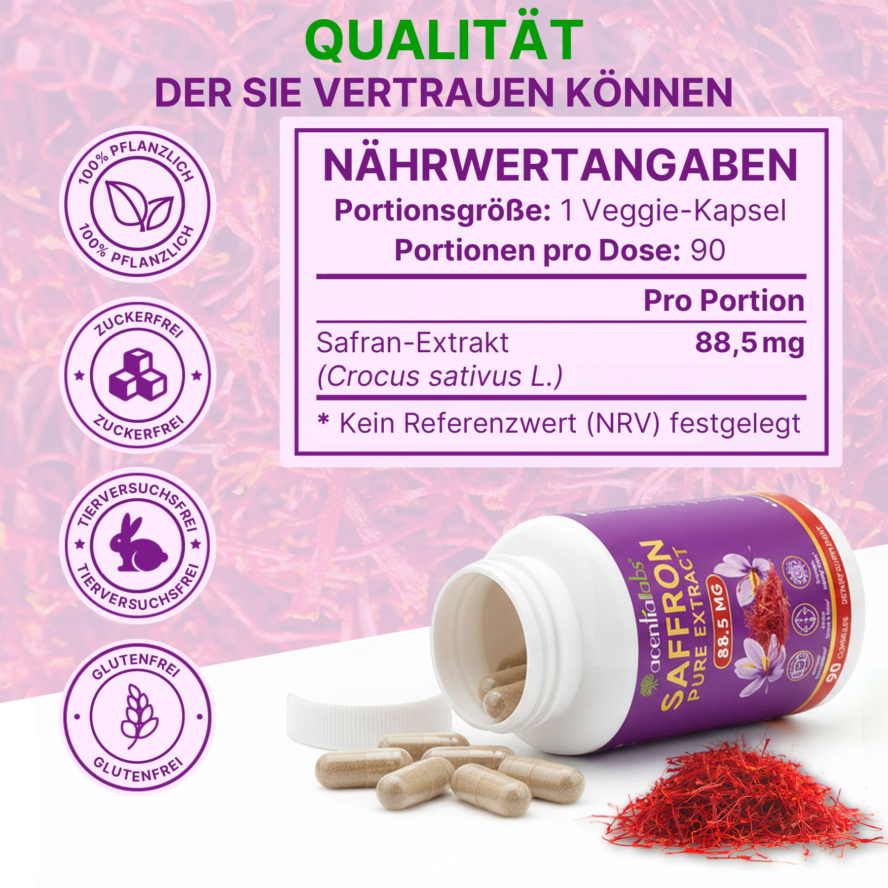 Acentiallabs Safran Saffron Pure Extrakt 88,5 mg mit Vit. B2 Hochdosiert