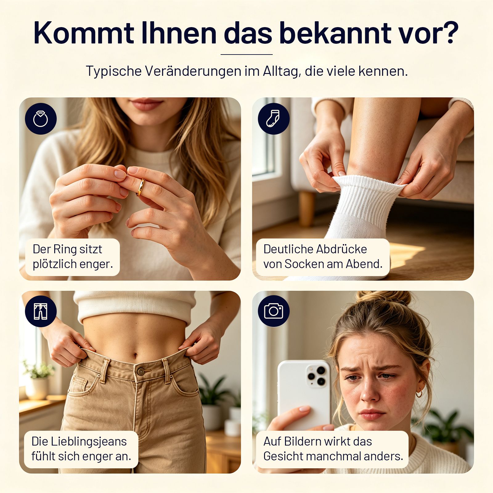 Vier Bilder zeigen typische Anzeichen von Wassereinlagerungen: enger Ring, Sockenabdrücke, enge Jeans, geschwollenes Gesicht.