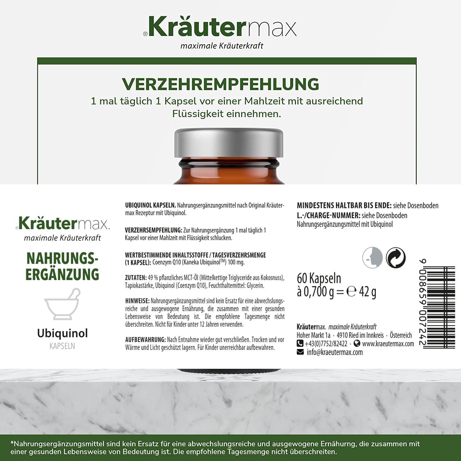 Kräutermax Ubiquinol 100 mg Kapseln - aktive Form von Coenzym Q10