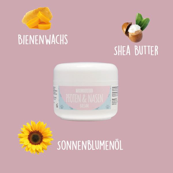 Weißer Tiegel mit rosa Etikett. Aufschrift: Pfoten & Nasen Balsam. Daneben: Sonnenblumenöl, Sheabutter, Bienenwachs.