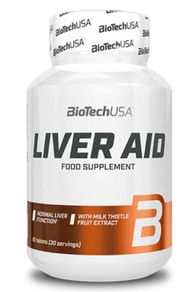 Weiße Flasche mit "LIVER AID"-Aufschrift. Enthält Tabletten. Marke: BioTechUSA. Mit Mariendistel-Extrakt. 60 Tabletten.