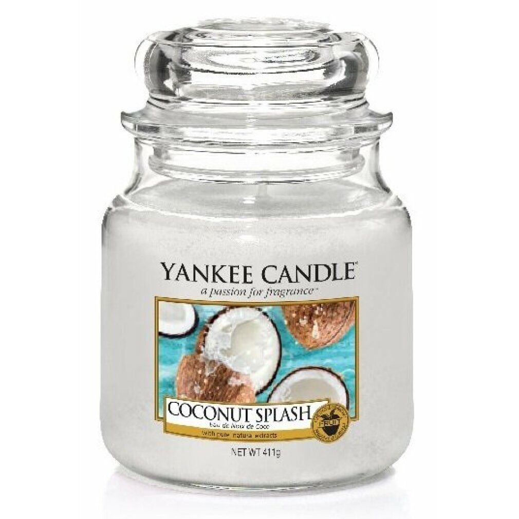 Glasbehälter mit Deckel. Aufkleber mit Kokosnuss-Motiv und Schriftzug "Yankee Candle Coconut Splash".