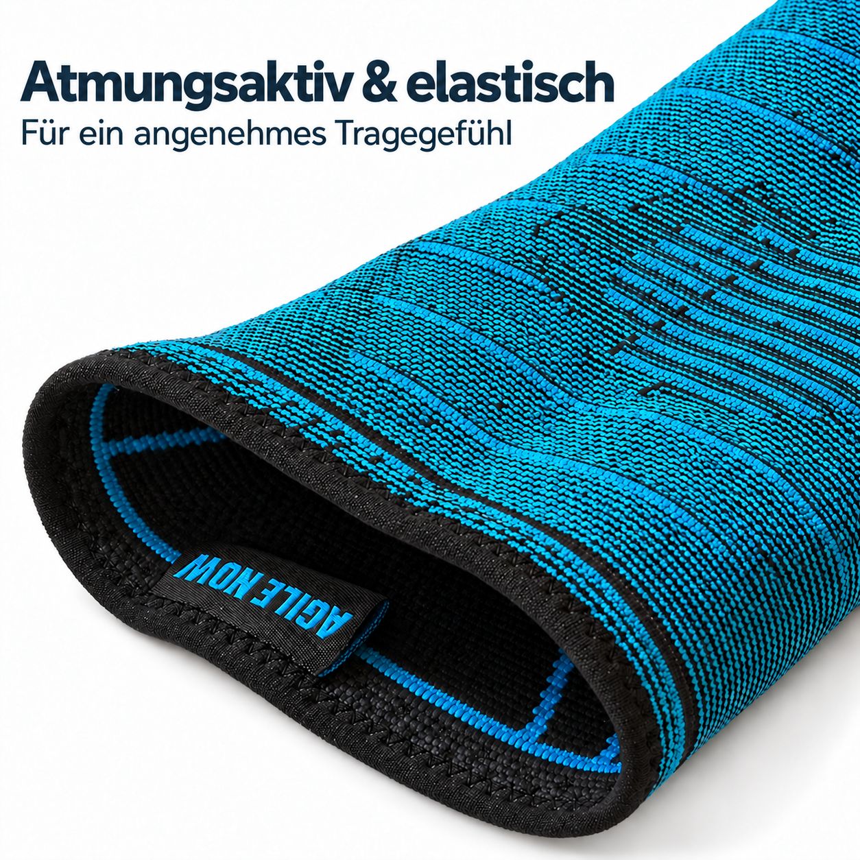 Detailansicht des Innenmaterials einer schwarzen Sprunggelenkbandage mit blauen Streifen.