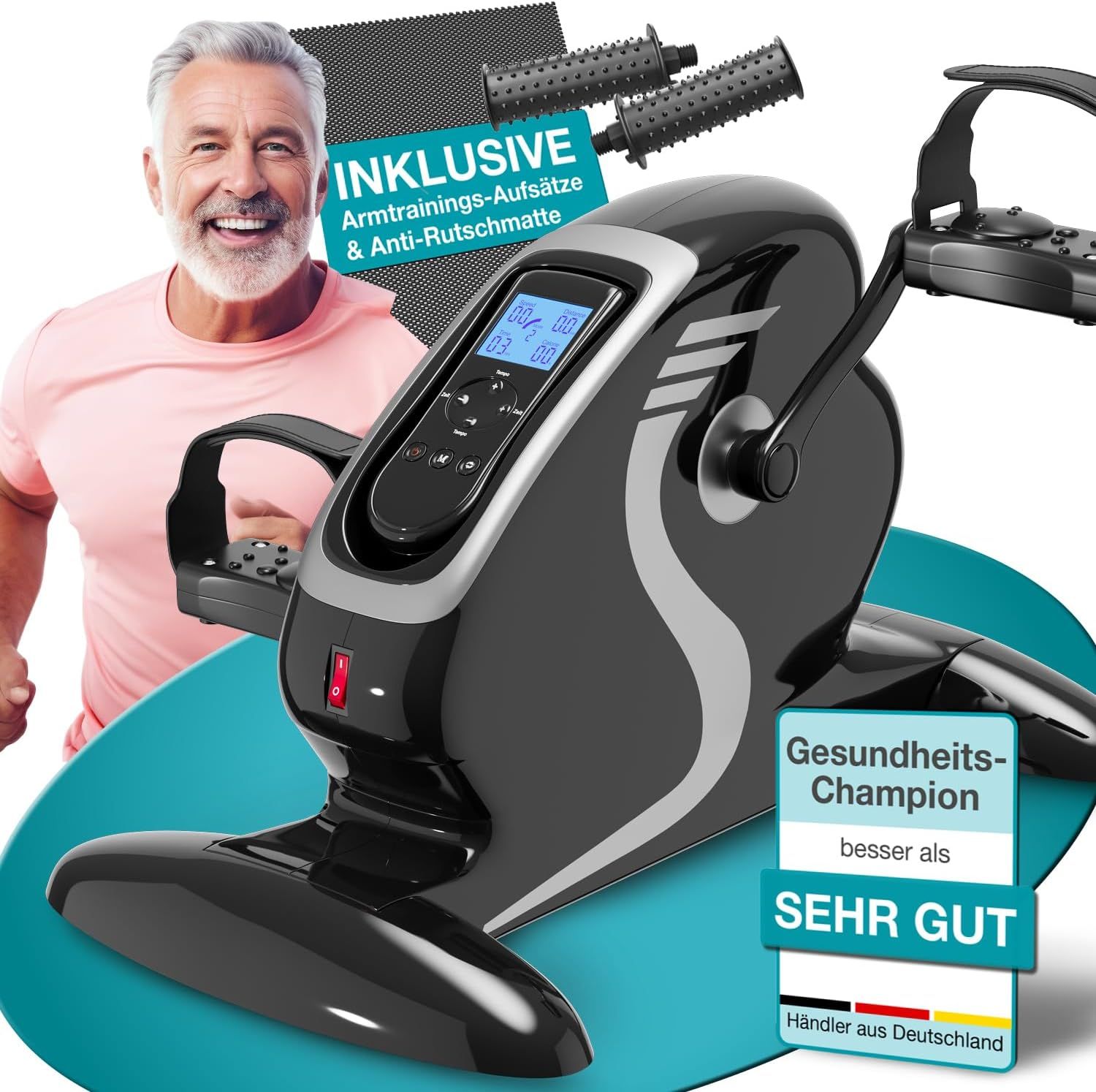 ELONEO Arm- und Beintrainer mit Motor, inkl. Trainingsdisplay, Massage-Handgriffe, Anti-Rutschmatte