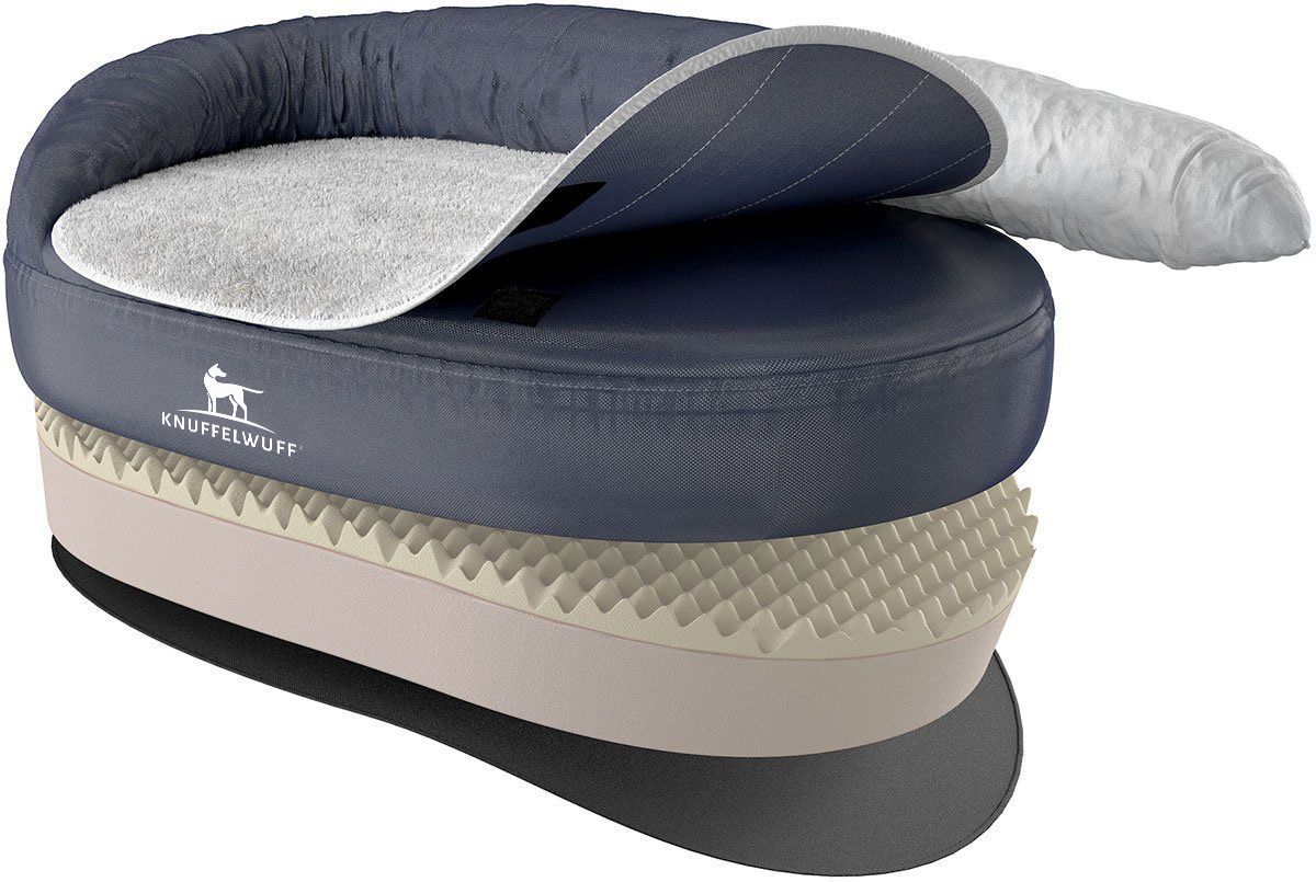 Orthopädisches Hundebett Jessy, blau. Mehrschichtiger Aufbau mit abnehmbarem Bezug. Knuffelwuff Logo. Schaumstoff und weiche Oberfläche.