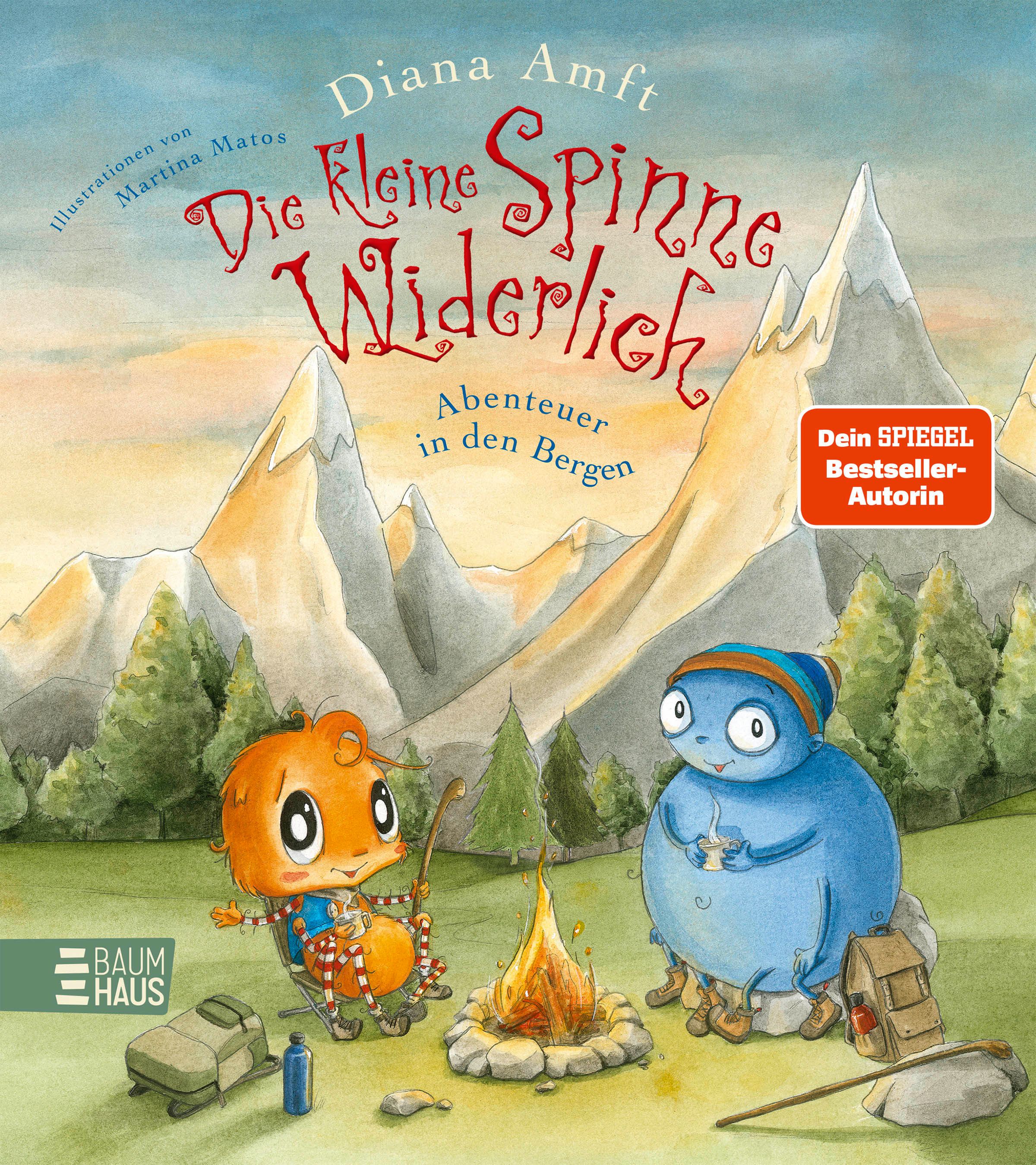 Buchcover: "Die kleine Spinne Widerlich - Abenteuer in den Bergen". Illustrationen von Martina Matos. Autorin Diana Amft. Mit "Dein Spiegel Bestseller-Autorin" Siegel.