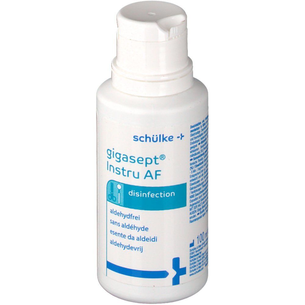 Weiße Flasche mit blauem Etikett. Beschriftung: Gigasept Instru AF, disinfection. Hersteller: schülke.