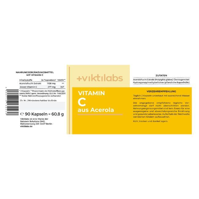 Etikett mit Produktinformationen. Aufschrift: Viktilabs Vitamin C aus Acerola. Zutaten und Verzehrempfehlung.