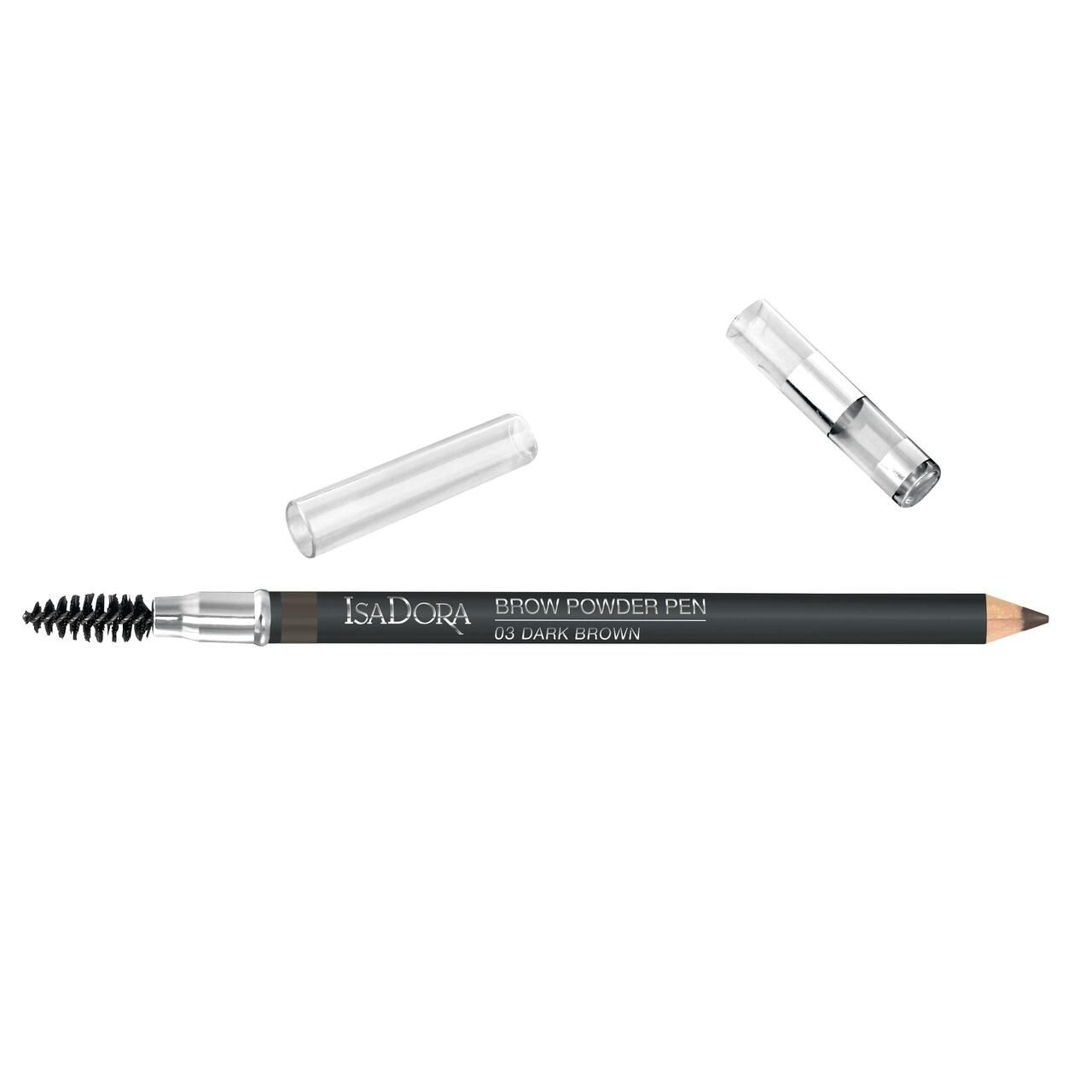 IsaDora Brow Powder Pen, dunkelbraun. Stift mit Bürste und Kappe. Aufschrift: Brow Powder Pen, 03 Dark Brown.
