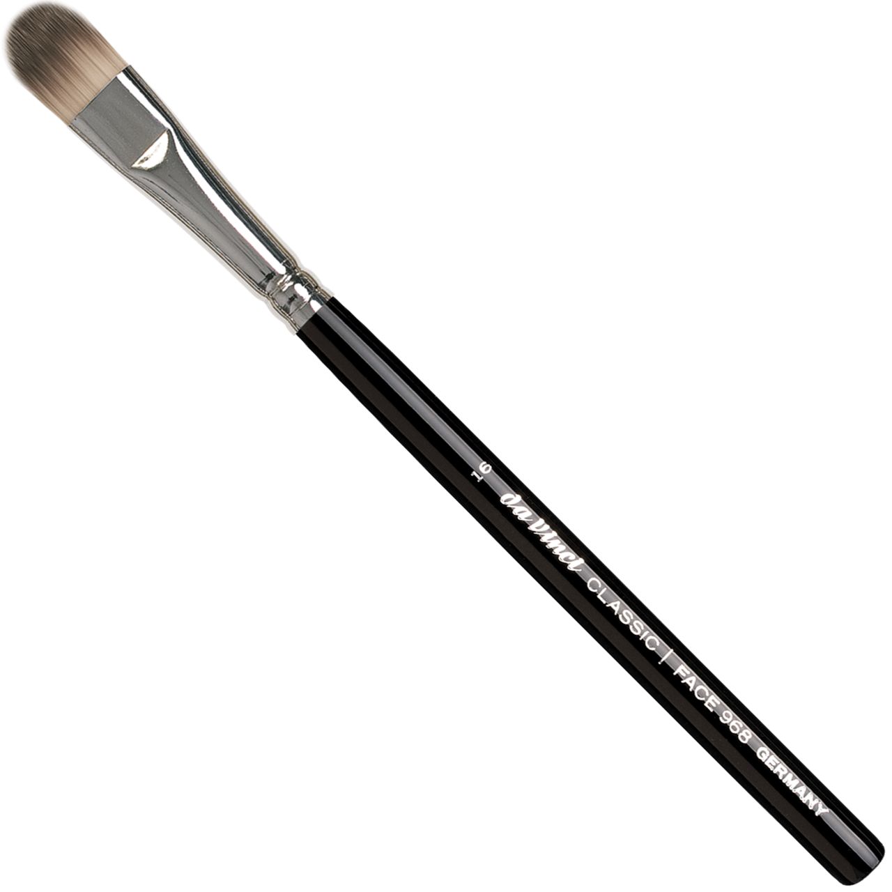 Concealerpinsel mit schwarzem Griff, silberner Zwinge und hellem Pinselkopf. Auf dem Griff steht "da vinci CLASSIC FACE 958 GERMANY".