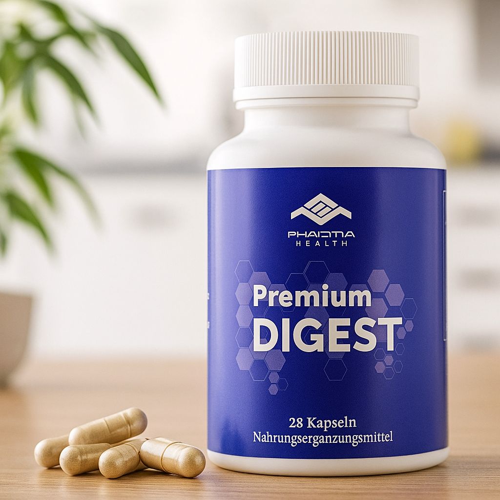 Weiße Flasche mit blauem Etikett und Kapseln daneben. Aufschrift: Pharma Health, Premium DIGEST, 28 Kapseln.