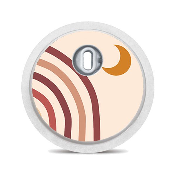 Runder Aufkleber mit Regenbogen und Mond. Beige, braune Farbtöne. Für medizinische Geräte.