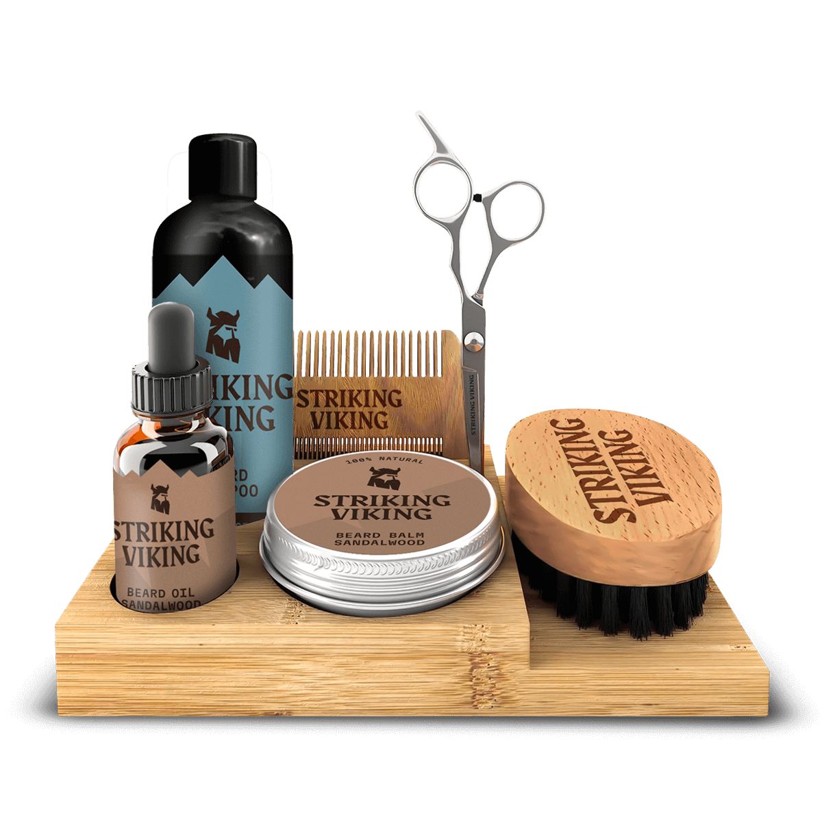 Bartpflege-Set mit Organizer. Enthält Öl, Balsam, Bürste, Kamm und Schere. Produkte mit Logo "Striking Viking".