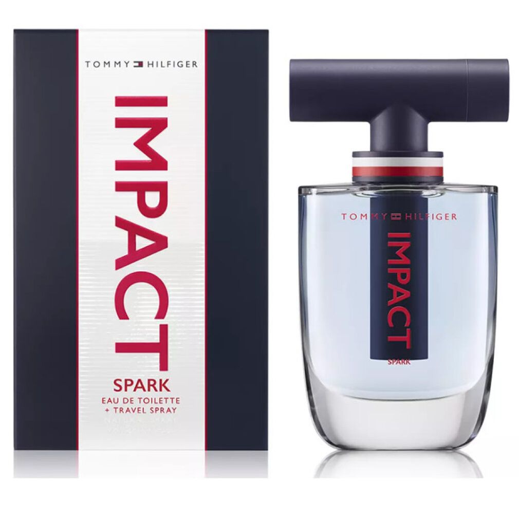 Flakon und Verpackung von Tommy Hilfiger Impact Spark Eau de Toilette Spray. Flakon mit blauem Verschluss, rotem Streifen und roter Aufschrift Impact.