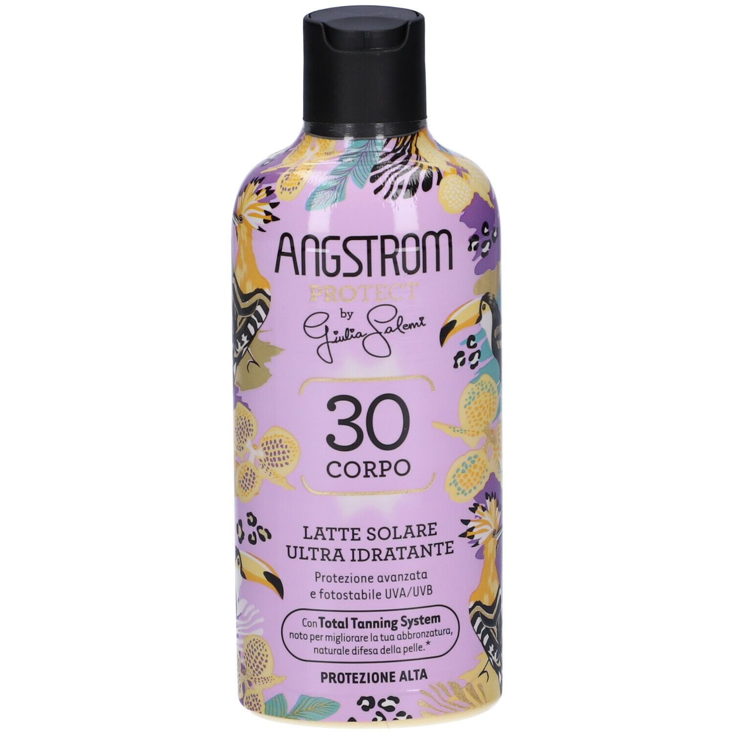 Flacone Angstrom Protect, SPF 30, design floreale. Tappo nero, testo.