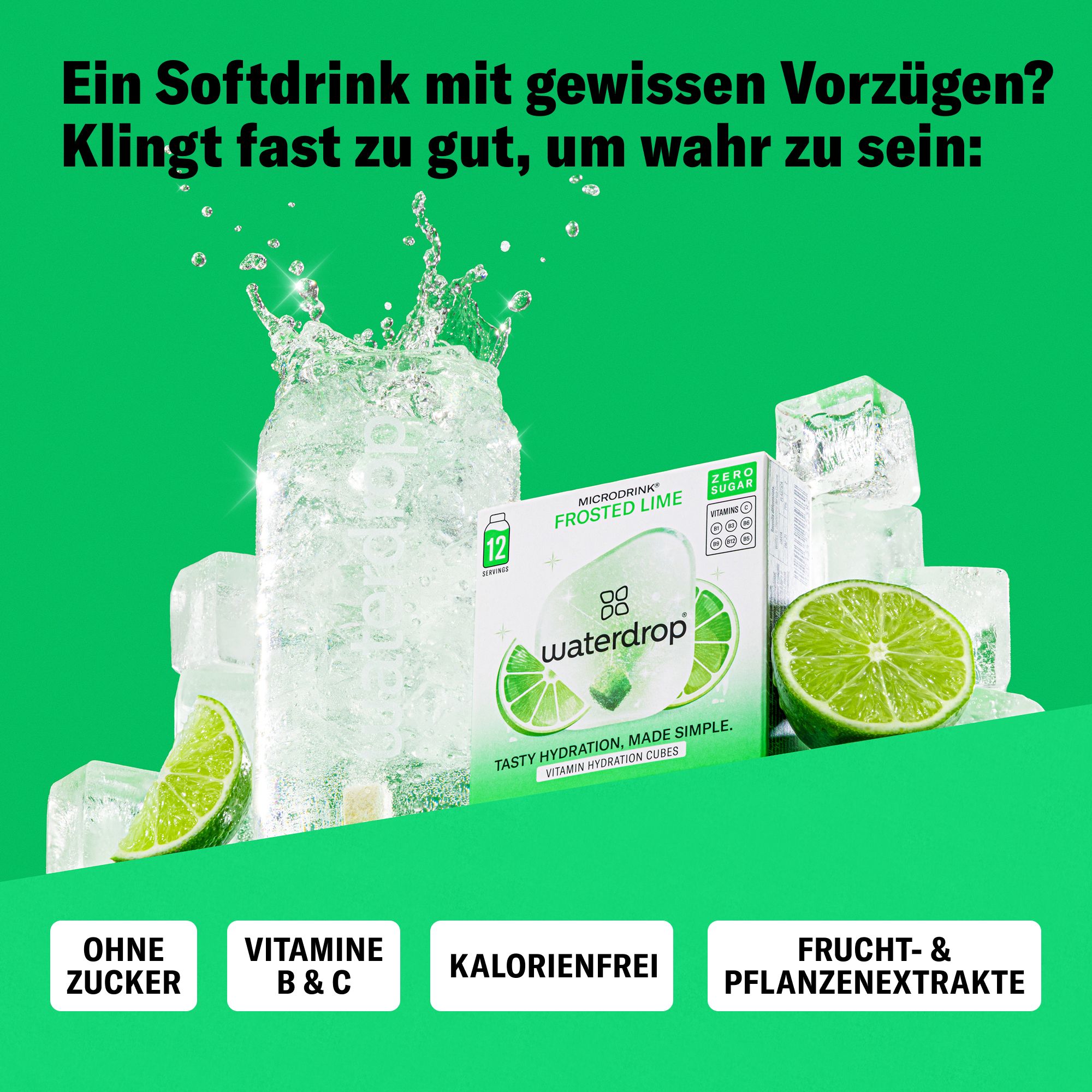 FROSTED LIME Getränkewürfel in einem Glas Wasser mit Eiswürfeln und Limettenscheiben. Text: Ohne Zucker, Vitamine B&C, Kalorienfrei.