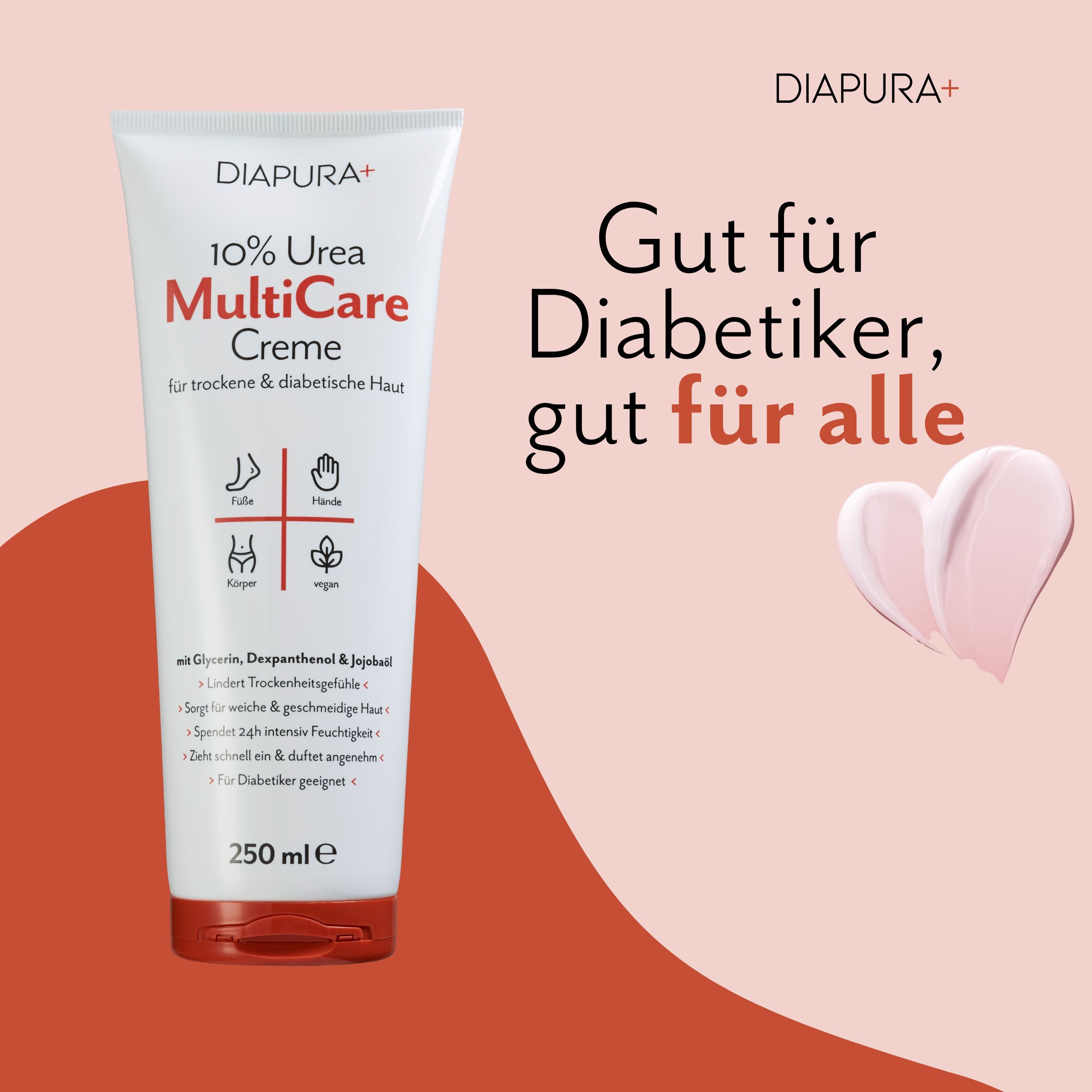 Creme-Tube mit rotem Deckel. Aufschrift: 10% Urea MultiCare Creme. Text: Gut für Diabetiker, gut für alle. Zwei Creme-Wolken.