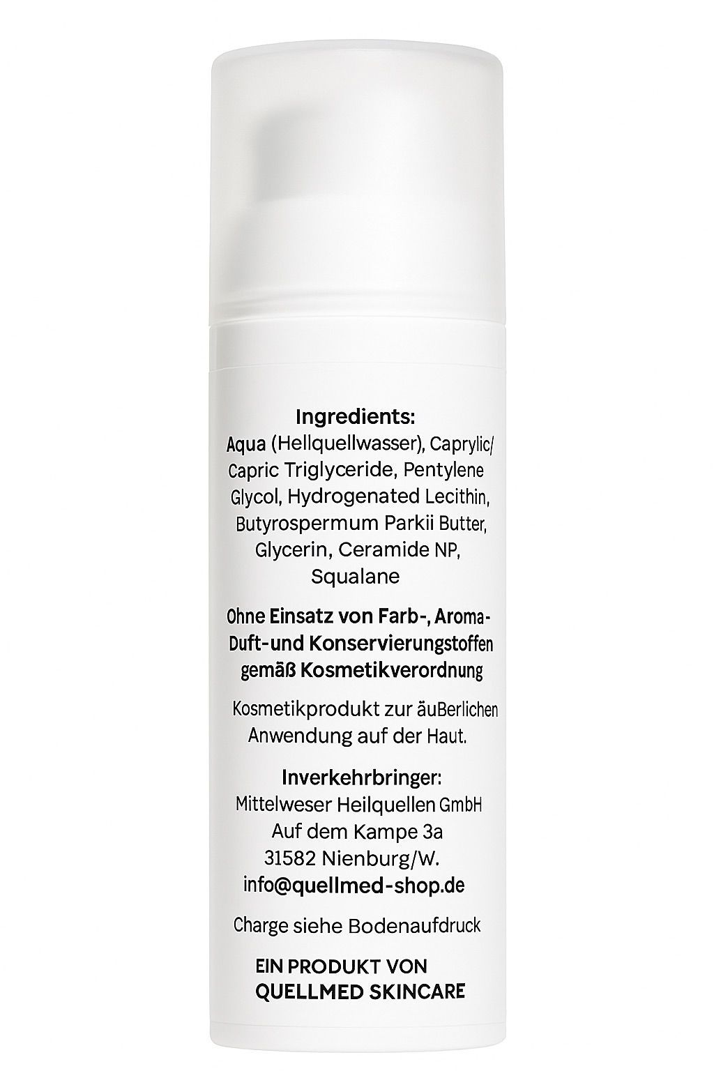 Weiße Flasche mit Text. Inhaltsstoffe, Herstellerinformationen und Text in deutscher Sprache. Produkt von Quellmed Skincare.