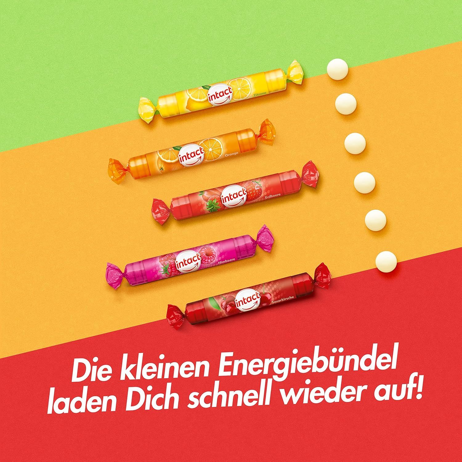 Mehrere Rollen Traubenzucker in verschiedenen Farben. Daneben weiße Tabletten. Text: Die kleinen Energiebündel laden Dich schnell wieder auf!